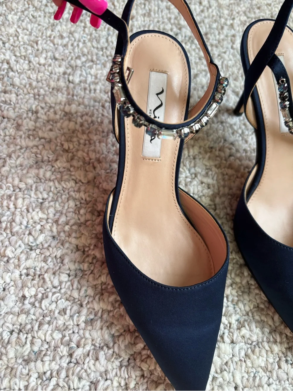 Nina New York Navy Slingback Heels with Crystal Embellished Strap -